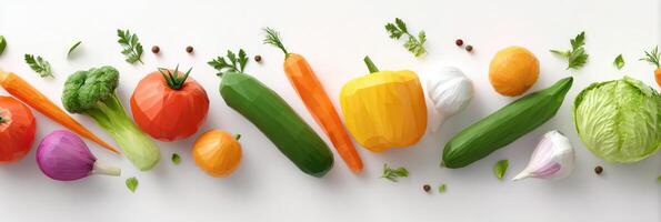 Colorful Low-Poly 3D Model of Assorted Vegetables Arranged on a Minimalist White Background photo