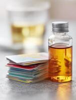 Health Insurance Cards Stacked Beside a Bottle of Cough Syrup on a Table in a Clinical Setting During the Day photo