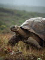 Galapagos Tortoise Walks Gracefully Through Grass With Lush Jungle Haze in Background photo