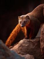 Ring-tailed Mongoose Stealthily Explores Rocky Terrain in Twilight Light photo
