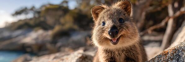 Quokka Smiles Brightly on Rocky Terrain in Australia During a Sunny Day photo