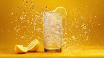 Sparkling Lemon Soda Glass With Refreshing Citrus Splash in a Modern Setting Designed for a Vibrant Food Ad photo
