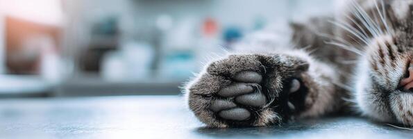 Close-up View of a Cat Paw Resting in a Veterinarians Hand During a Check-Up in a Clean, Blurred Clinical Environment photo