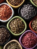 Variety of Pet Kibbles Displayed in Colorful Bowls Highlighting Diverse Shapes and Sizes With a Clean Background photo