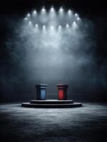 Empty Political Debate Stage Illuminated by Spotlight With Smoke in the Background, Setting the Tone for Future Discussions and Confrontations photo