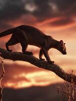 Fossa Gracefully Navigating a Tree Branch Against a Breathtaking Sunset Glow in the Wild photo