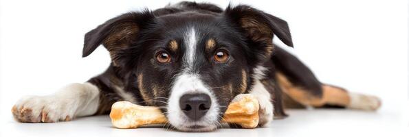 Dog Happily Chewing on a Bone Against a Clean White Background, Showcasing a Playful Moment and Canine Enjoyment photo