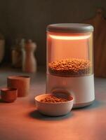 Smart Feeder Device Illuminates a Filled Bowl With Pet Food in a Softly Lit Kitchen Environment During Evening Hours photo