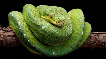 Bright Green Tree Python Coiled on Branch Against Black Background Showcasing Vibrant Colors and Intricate Patterns photo