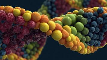 Colorful Fruit DNA Strand Creatively Designed With Berries and Citrus, Showcasing Vibrant Hues and an Organic Shape, Perfect for Food Art Enthusiasts photo