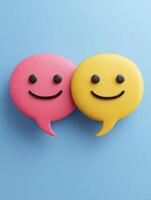 Two Playful Speech Bubbles With Emoji Faces Expressing Joy and Conversation Against a Vibrant Blue Backdrop photo