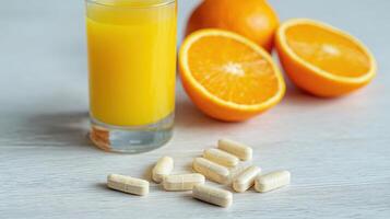 Vitamin C Supplements and Fresh Orange Juice on a Bright Kitchen Table for Health and Wellness photo