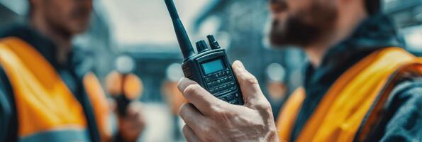 Team Member Coordinating With Walkie-Talkie During Collaborative Effort in an Industrial Setting on a Clear Day photo