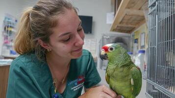 Vet Assistant Interacts With Parrot in Bright Clinic Fostering Connection and Care During the Day photo
