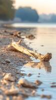 Golden Hour Serenity Weathered Driftwood Rests on a Tranquil Shoreline, Bathed in Soft Light with Gentle Water Reflections photo