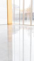 Bright, Modern Interior with Polished Floors and Expansive Windows Reflecting Urban Light photo