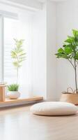Serene Minimalist Interior Design Bathed in Natural Light, Featuring Lush Green Plants and a Tranquil Living Space for Calm Relaxation. photo