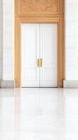 Grand White Double Doors with Ornate Gold Trim in a Luxurious Marble Hallway, Reflecting Light on Polished Floors, Classic Architectural Entrance. photo