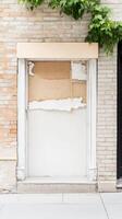 Weathered Boarded Doorway in an Old Brick Building with Lush Ivy, Symbolizing Urban Decay and Neglect. A Grungy Architectural Facade. photo