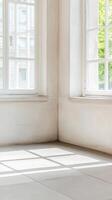Serene Interior Space Sunlight Streams Through Classic Windows, Casting Geometric Shadows on a Tiled Floor. Bright Architectural Detail. photo
