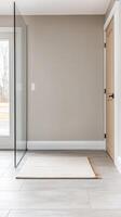 Serene Modern Interior Design with Neutral Tones, Glass Partition, and Minimalist Decor. Bright Home Space with Natural Light and Clean Lines. photo