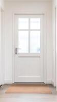 Bright, Modern White Interior Door with Frosted Glass Panels and Welcome Mat in a Clean Hallway. Contemporary Home Entrance Design. photo