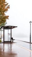 Misty Autumn Morning at an Empty Urban Bus Stop Wet Pavement Reflects Gloomy Sky and Golden Leaves, Awaiting Public Transport photo