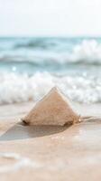 Serene Coastal Harmony A Solitary Stone on Golden Sands, Bathed by Gentle Ocean Waves photo