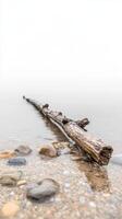 A weathered piece of driftwood rests peacefully on a serene pebble shore, embraced by the tranquil, misty waters, evoking natural calm and minimalist beauty. photo