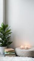 Cozy Home Ambiance Serene Indoor Retreat with Lush Green Plant, Stacked Books, and Warm Glowing Candles for Ultimate Relaxation and Hygge Decor photo