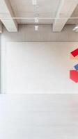 Modern Minimalist Concrete Interior with Abstract Geometric Art. Bright Empty Gallery Space Featuring Contemporary Architectural Design. photo