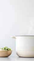 Capturing the essence of home cooking a minimalist scene of a steaming pot and fresh herbs, symbolizing healthy meal preparation and culinary comfort photo