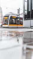 Urban Symphony Modern Trams Glide Through Rainy City Streets, Reflecting Glimmering Lights on Wet Pavement photo