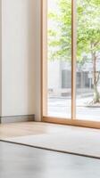 Modern Interior Design with Large Window and Natural Light, Minimalist Room with Wood Floor and Urban City View, Serene Home Space photo