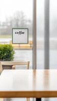 Warm Cafe Interior with 'Coffee' Sign on Window, Inviting Light and Empty Table for a Relaxing Break. Perfect for Beverage Industry Visuals. photo