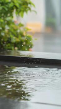 Mesmerizing Water Ripples from Gentle Raindrops on a Serene Surface, with Lush Green Foliage in Soft Focus, Capturing Nature's Tranquil Dance. photo