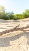 A weathered branch rests on sun-kissed golden sand dunes under a clear blue sky, evoking a sense of serene natural beauty and tranquil desert landscapes. photo