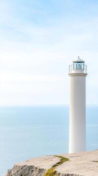 Majestic white lighthouse stands tall on a rugged cliff overlooking the calm, vast blue ocean under a clear sky. A symbol of guidance and hope. photo