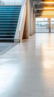 Sleek Modern Architecture Vibrant Blue Stairs and Reflective Hallway in a Contemporary Building with Warm, Inviting Illumination. photo