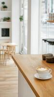 Exquisite Latte Art in a Bright, Modern Coffee Shop A Serene Cafe Interior with Warm Wood Tones and Natural Light photo