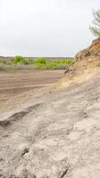A captivating natural landscape showcasing an expansive, textured earthen slope leading to distant verdant shrubbery under a soft, overcast sky. photo