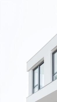 Stark Modern Architecture Minimalist White Building Facade with Clean Lines and Reflective Windows Against a Bright Sky. photo