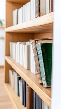 A close-up view of a rustic wooden bookshelf adorned with a curated collection of antique books and classic literature, evoking timeless wisdom and quiet contemplation. photo