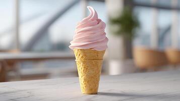 an ice cream cone with pink frosting sitting on a table photo
