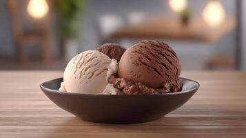 three scoops of ice cream in a bowl on a table, ice cream wallpaper photo