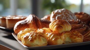 a plate of pastries on a table in front of a window photo