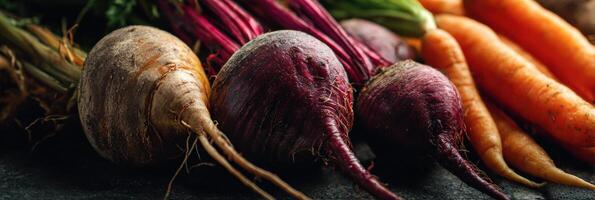 Colorful Mix of Beets and Carrots Displayed on Textured Surface With Natural Shadows Showcasing Earthy Tones and Untouched Side Space photo