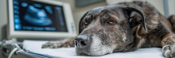 Dog Undergoing Ultrasound Examination in a Veterinary Clinic With Medical Equipment Visible and Lighting Focused on the Procedure photo