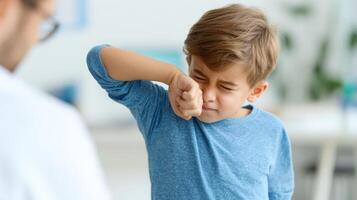 Child Sneezing Into Elbow at Pediatrician Visit in Bright Room With Cheerful Atmosphere photo
