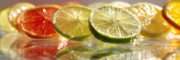 Bright Citrus Slices Arranged on a Glass Table Creating Vibrant Reflections and an Airy Feel in a Sunny Setting photo